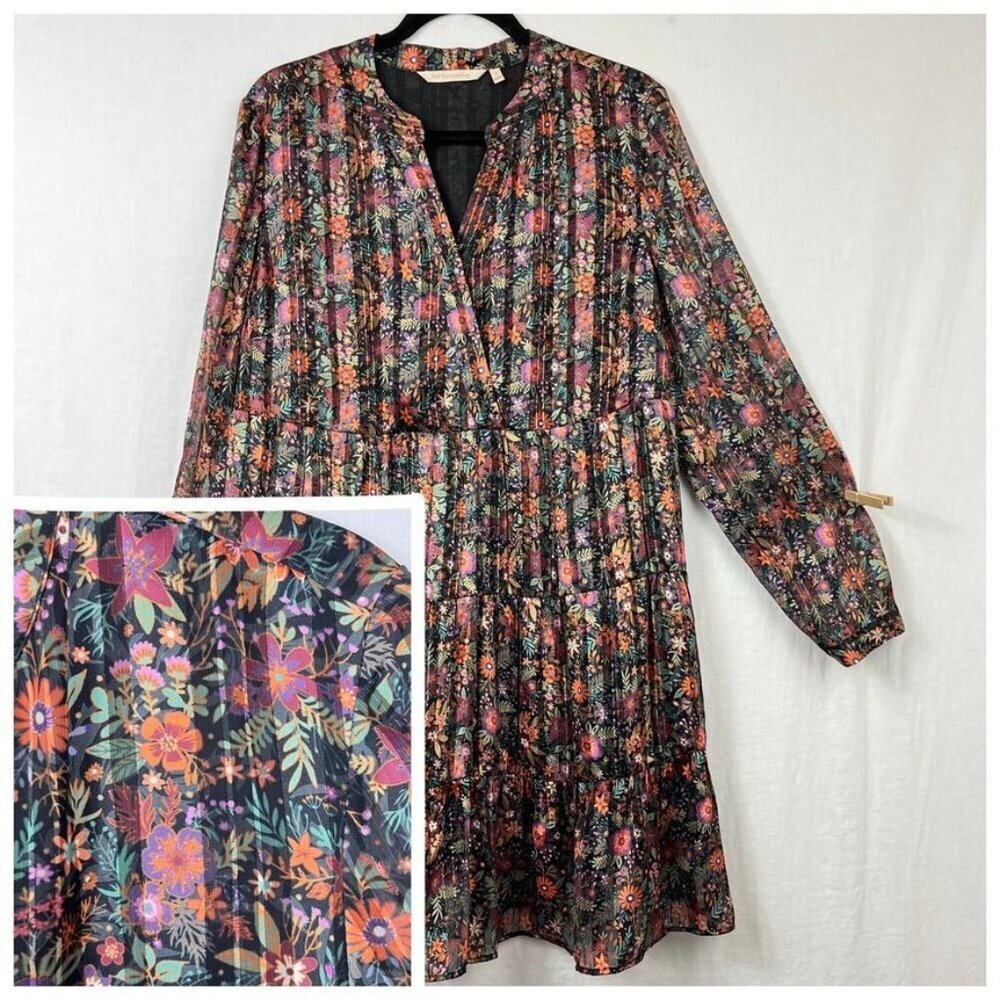 Soft Surroundings Long Sleeve Floral Shimmer Knee Dress Womens L Babydoll Tiered